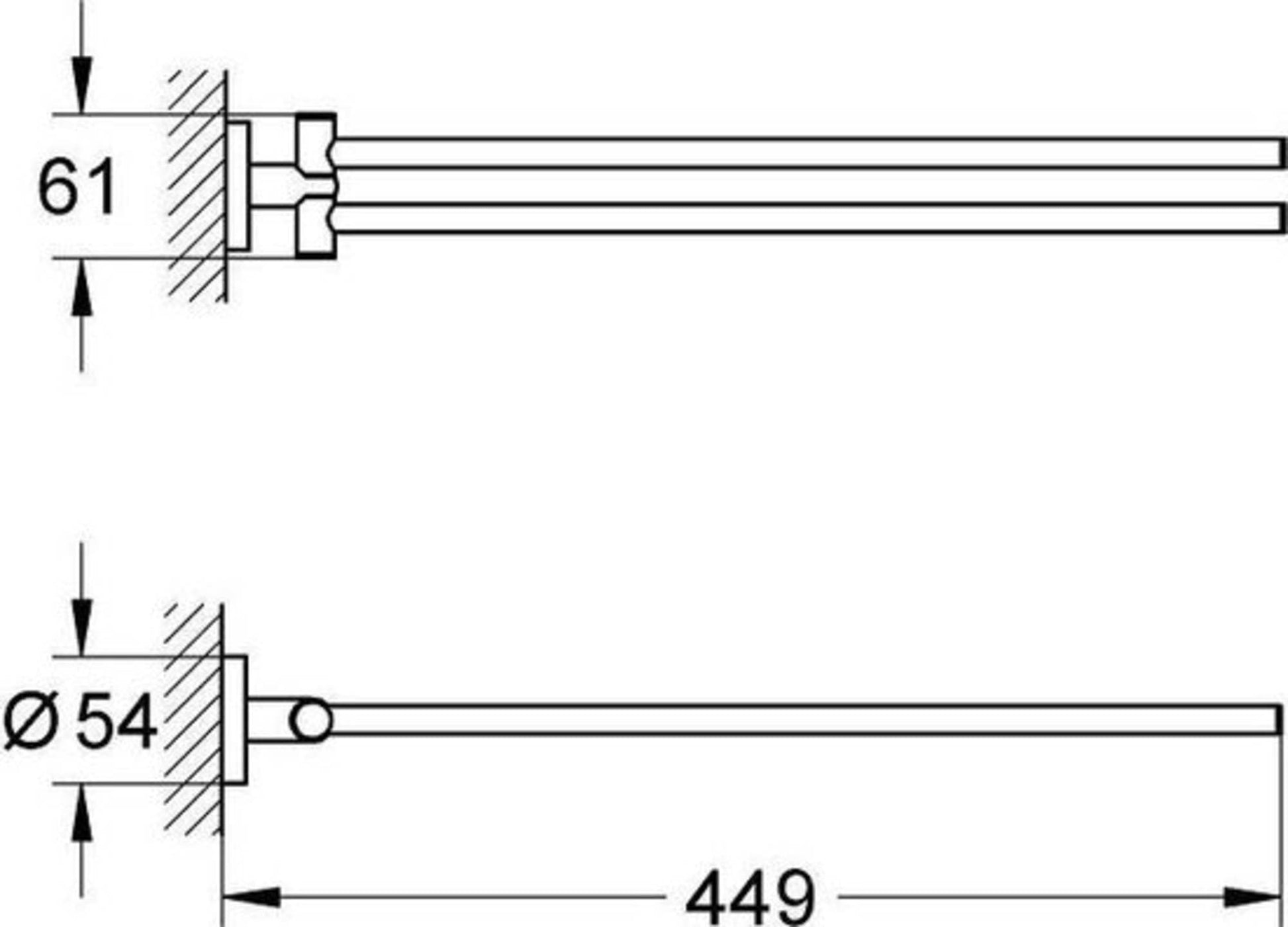 Technical drawing showing double towel bar wall mounting with dimensions and installation measurements.