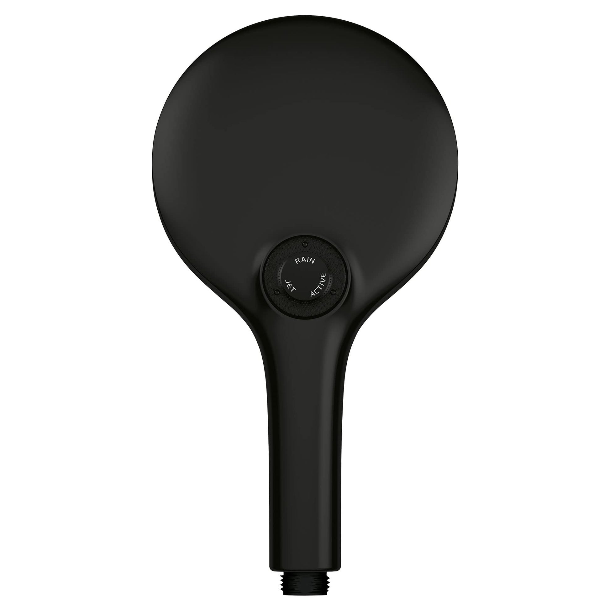Matte black hand shower with circular head, control dial, and threaded connection port.