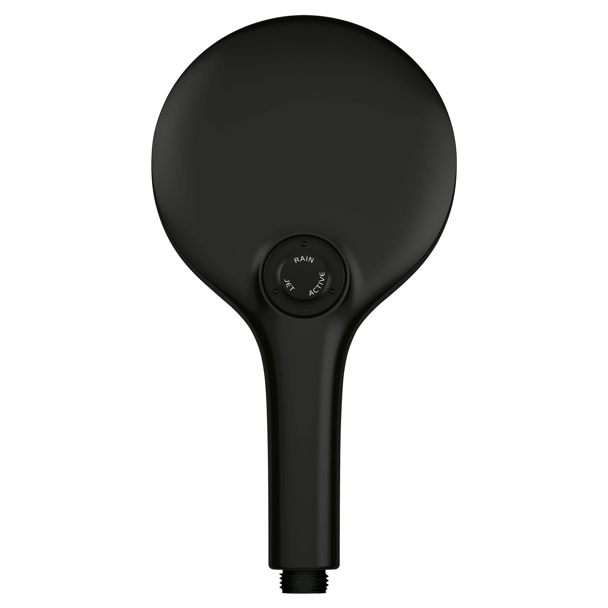 Matte black hand shower with circular head, control dial, and threaded connection port.