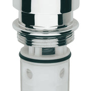 Chrome and white Grohe cartridge repair part with threaded connector and sealing ring.