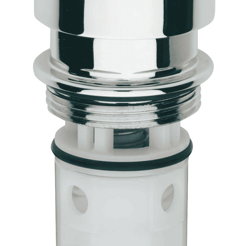 Chrome and white Grohe cartridge repair part with threaded connector and sealing ring.