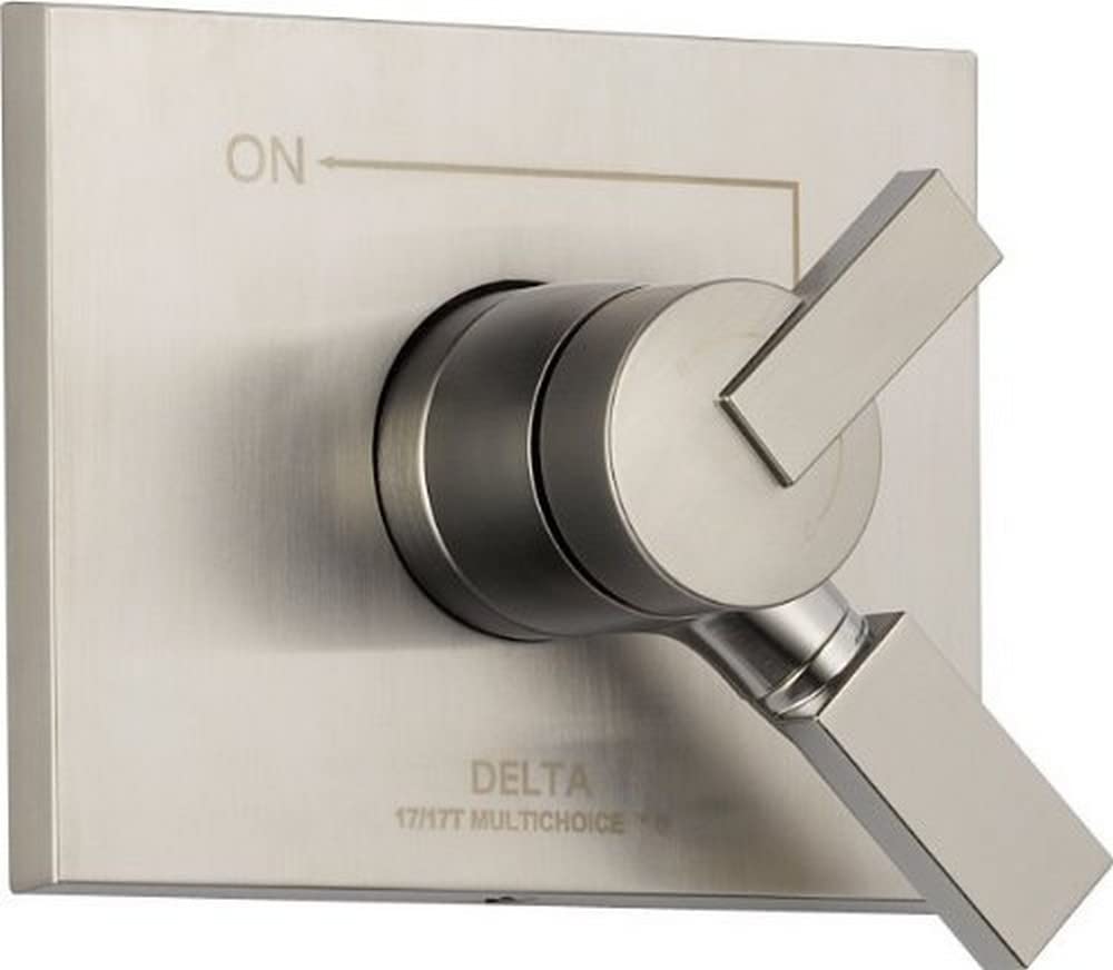 Brushed nickel valve trim with square handles and ON indicator marking on matching square escutcheon plate.