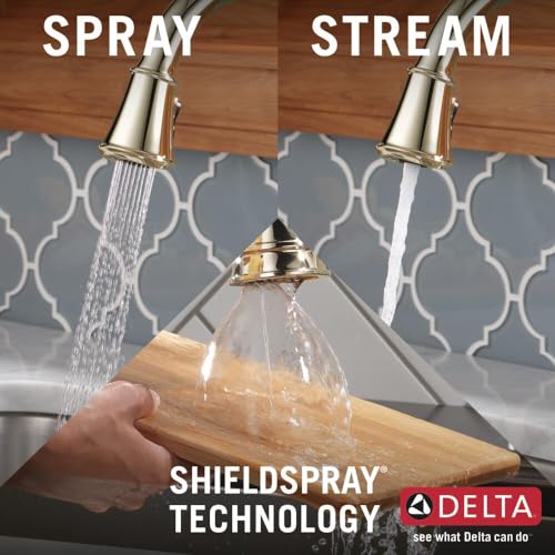 Chrome kitchen faucet with pull-down sprayer demonstrating spray, stream, and ShieldSpray water modes.