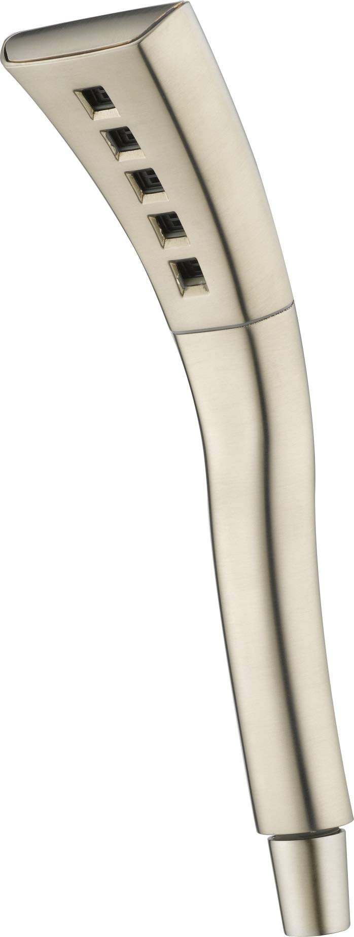 Champagne-colored hand shower with rectangular head and five black spray nozzles on angled handle.