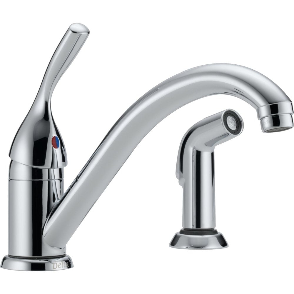 Chrome single-handle kitchen faucet with curved spout and separate spray wand on base.