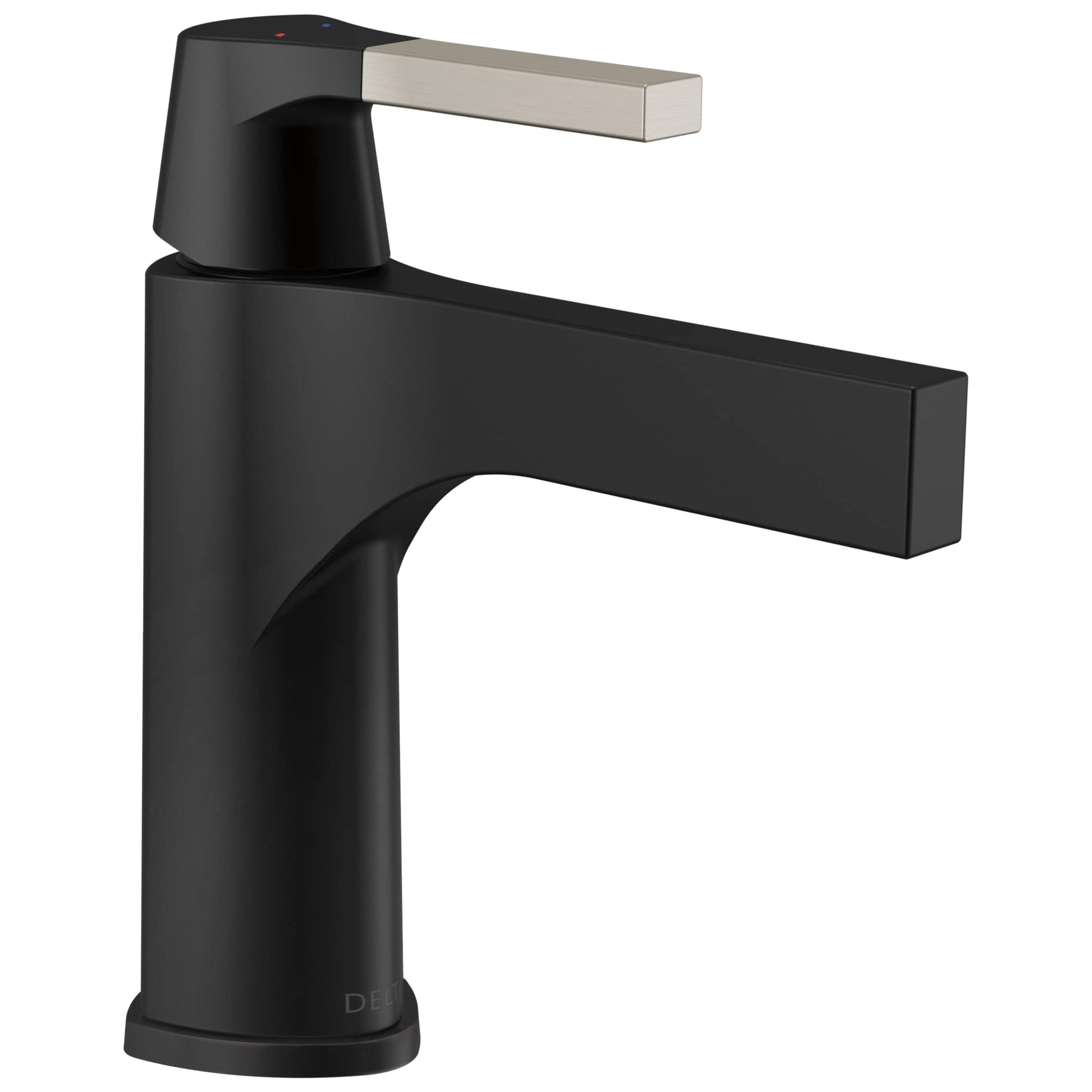 Black single-handle bathroom faucet with brushed nickel lever and cylindrical spout.