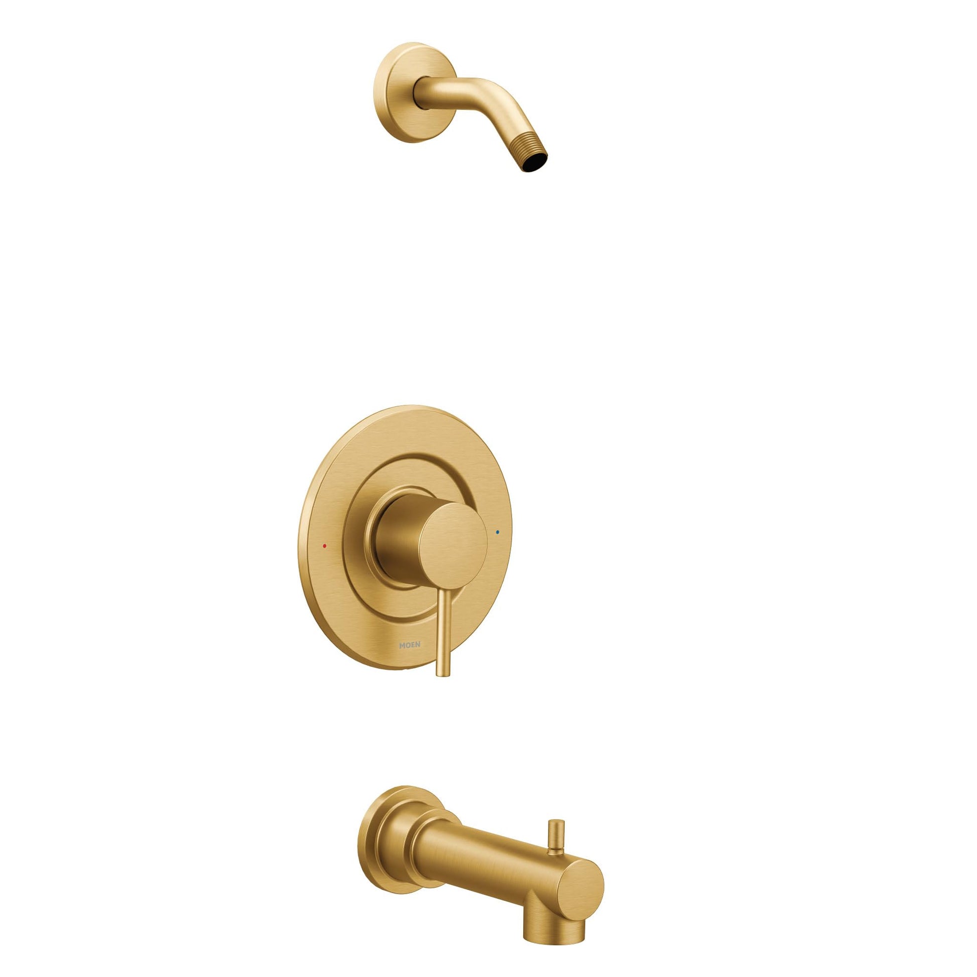 Brushed gold shower trim set with single handle valve, curved shower arm, and tub spout.