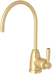 Satin English gold hot water dispenser with curved spout and single side lever handle.