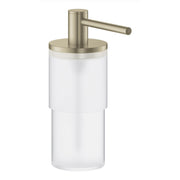 Cylindrical soap dispenser with brushed nickel pump and lever, white ceramic bottle, and metal base collar.