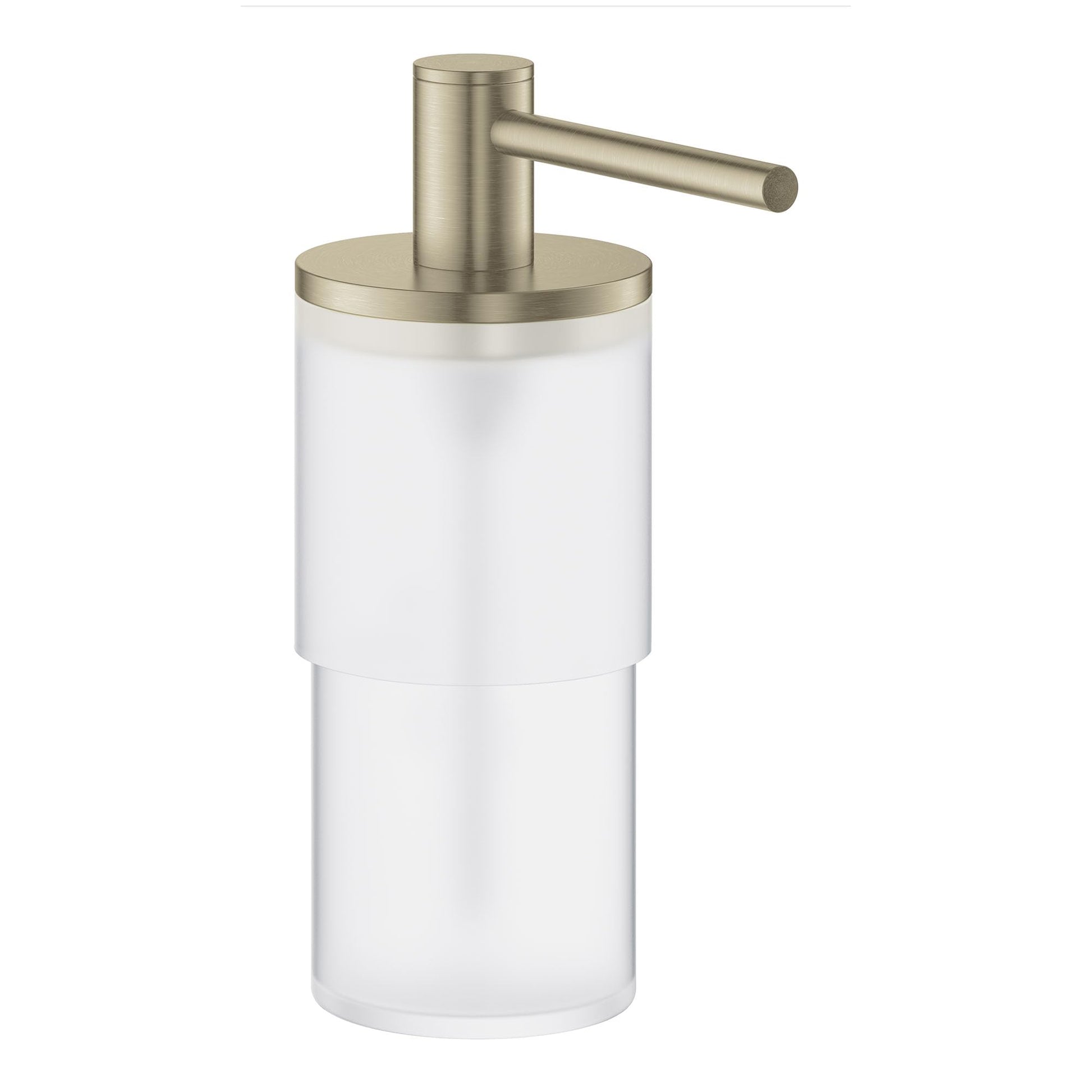 Cylindrical soap dispenser with brushed nickel pump and lever, white ceramic bottle, and metal base collar.