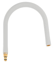 Grohe Essence kitchen faucet spout with white hose and gold-tone brass fittings.