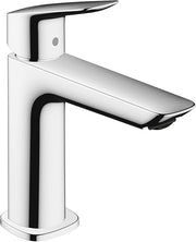 Chrome single-hole bathroom faucet with white and black cylindrical body and curved spout.