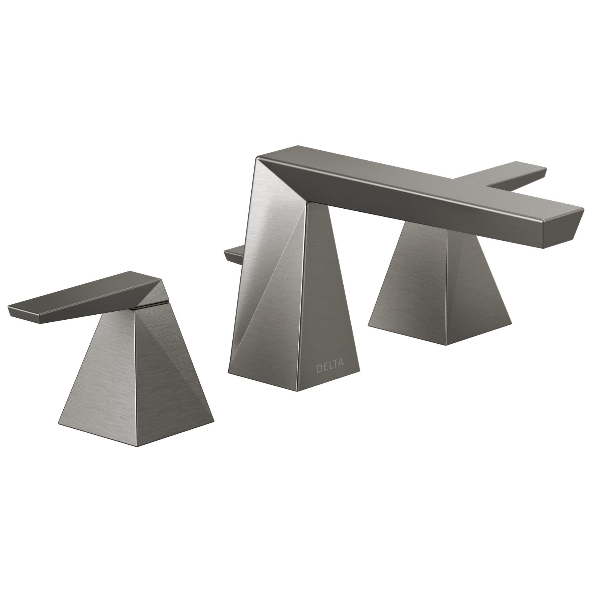 Brushed gray three-piece bathroom faucet with two side handles and wide spout in geometric tapered design.
