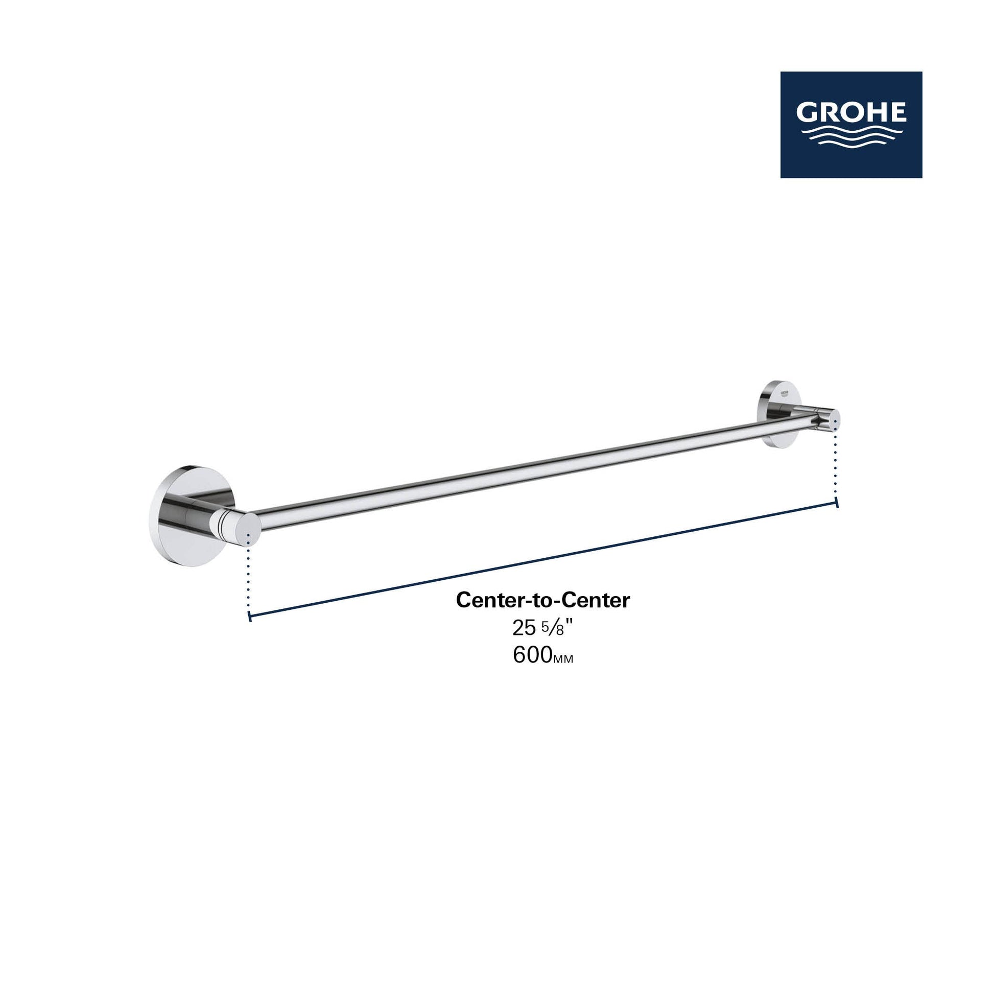Grohe Essentials 24" towel bar with matte black finish and round wall mounts, shown with center-to-center measurement of 25 5