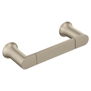 Brushed nickel hand towel bar with cylindrical mounting posts and rectangular bar section.