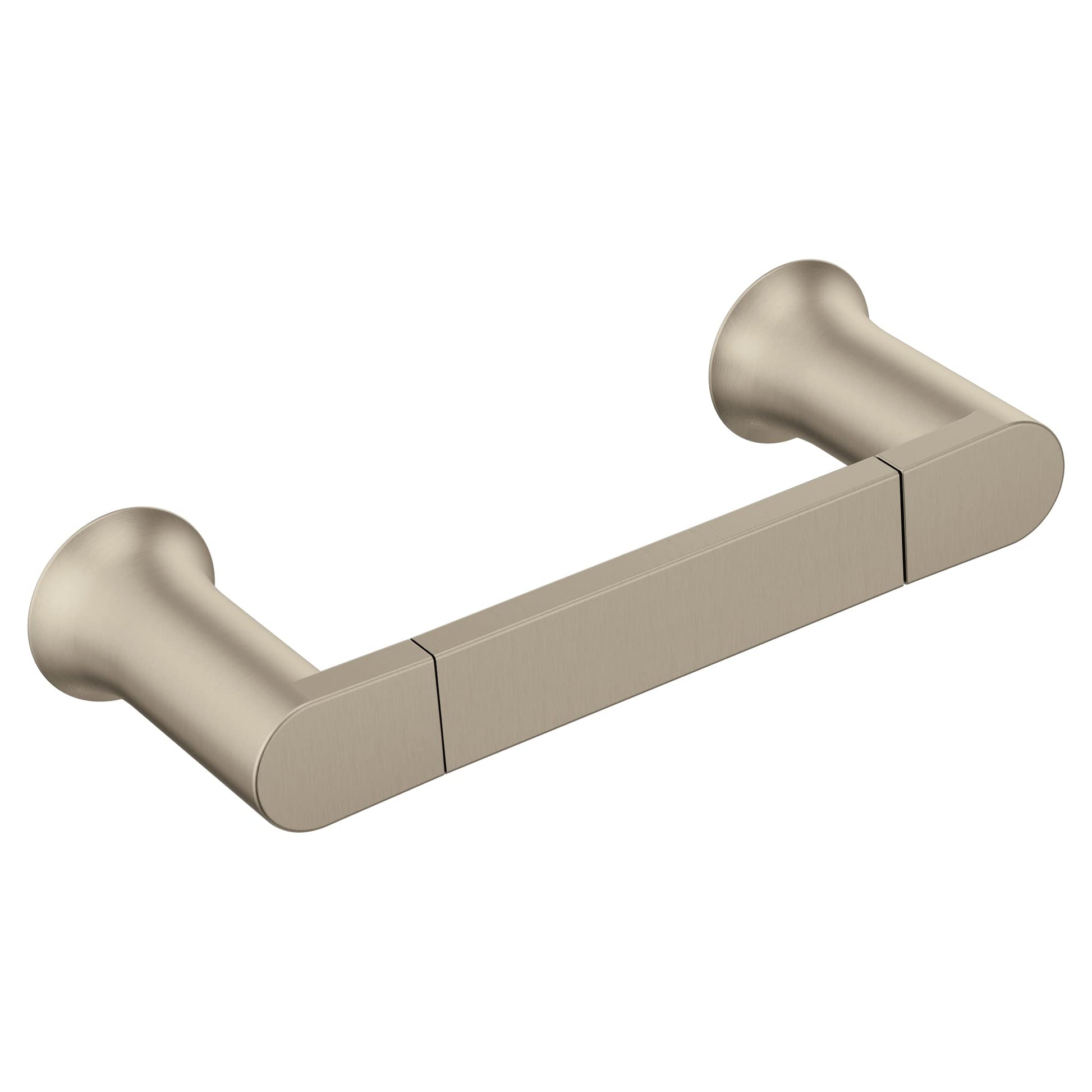 Brushed nickel hand towel bar with cylindrical mounting posts and rectangular bar section.