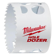 White bi-metal hole saw with serrated cutting edge and mounting holes on cylindrical body.