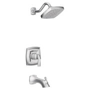 Chrome tub and shower trim kit with single handle valve, rain showerhead, curved arm, and tub spout.