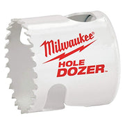 White bi-metal hole saw with serrated edges and Milwaukee branding on the cylindrical body.