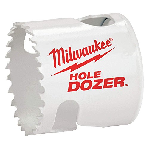 White bi-metal hole saw with serrated edges and Milwaukee branding on the cylindrical body.