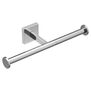 Chrome double post toilet paper holder with square wall mount and two cylindrical end caps.