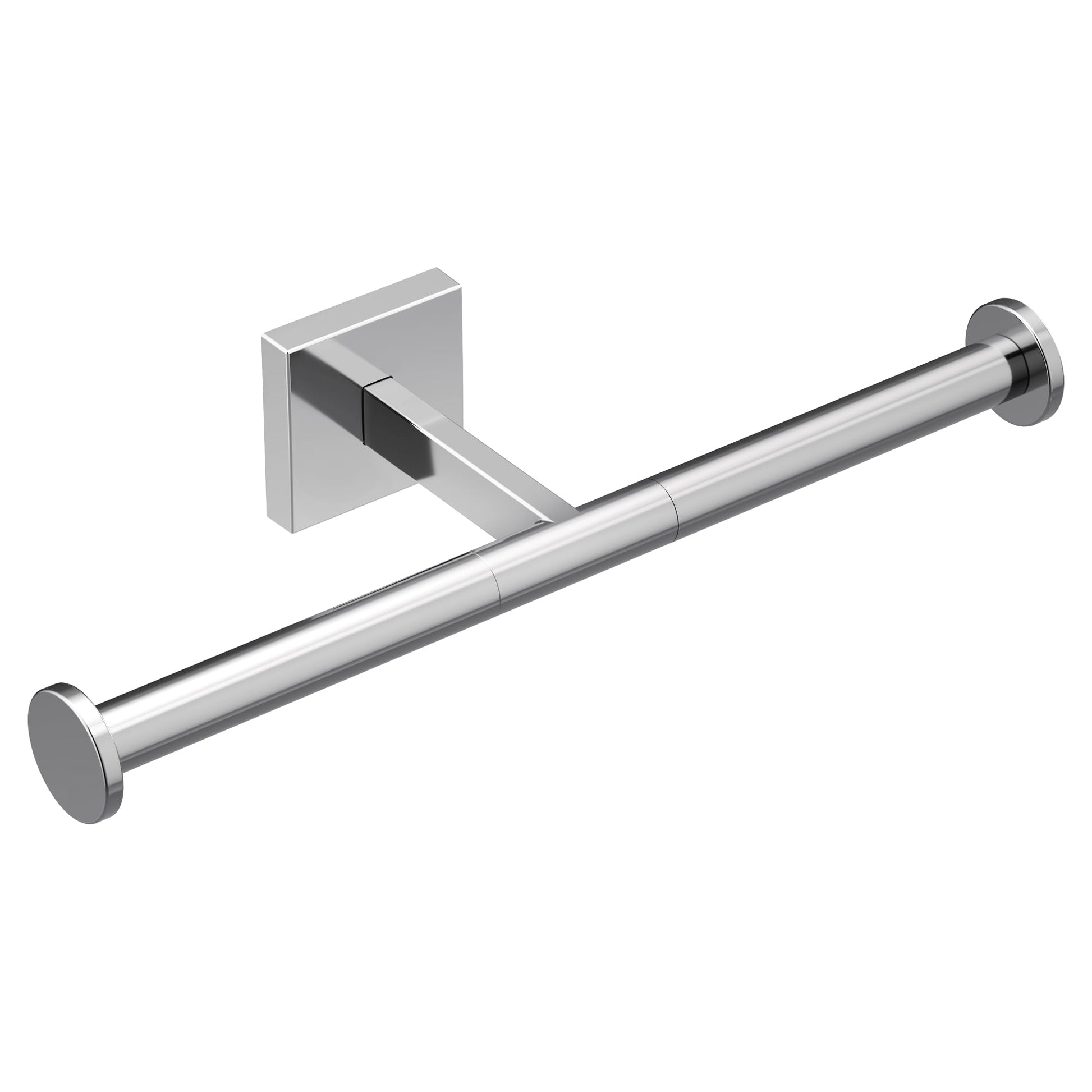 Chrome double post toilet paper holder with square wall mount and two cylindrical end caps.