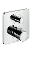 Chrome thermostatic trim with two cylindrical control knobs and rectangular escutcheon plate for shower valve installation.