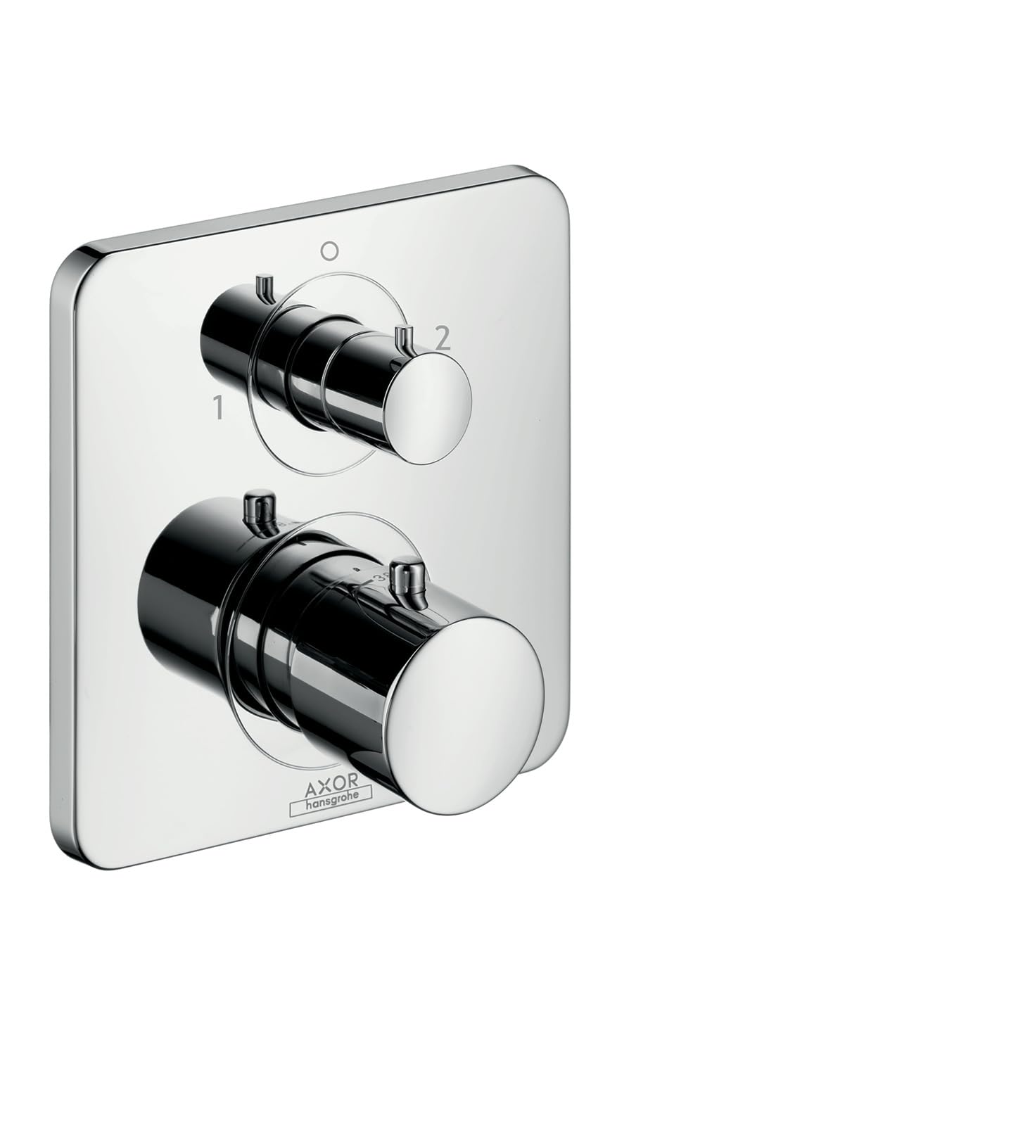 Chrome thermostatic trim with two cylindrical control knobs and rectangular escutcheon plate for shower valve installation.