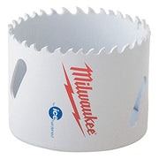White bi-metal hole saw with serrated cutting edge and Milwaukee branding on cylindrical body.