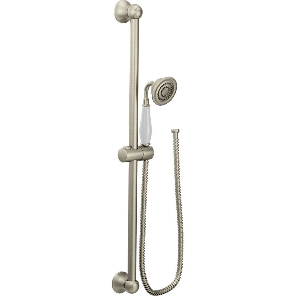Brushed nickel handheld shower system with adjustable slide bar, circular showerhead, and coiled metal hose.