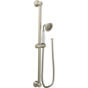 Brushed nickel handheld shower system with adjustable slide bar, circular showerhead, and coiled metal hose.
