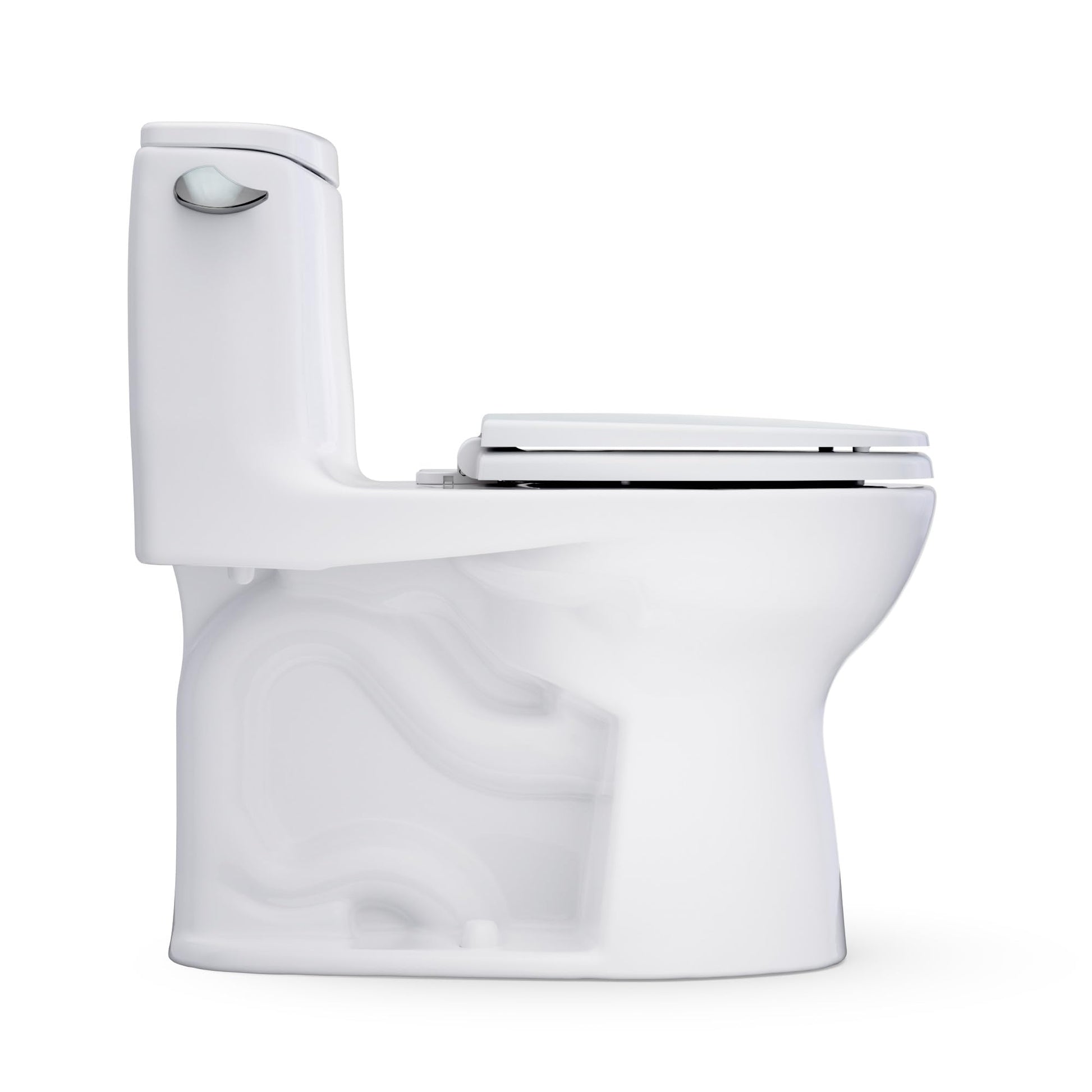 Cotton white one-piece toilet with integrated tank, dual flush lever, and closed seat lid shown from side angle.