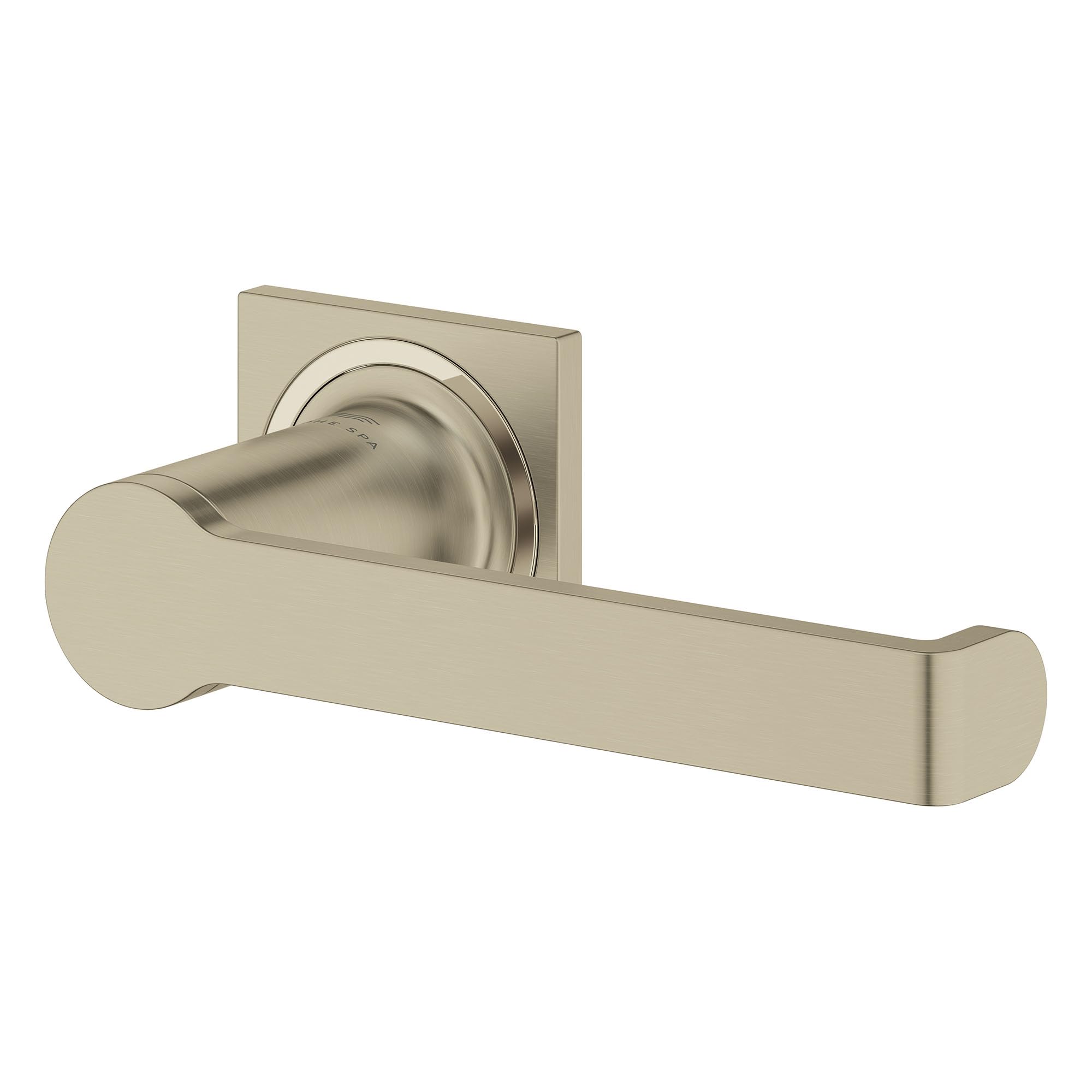 Brushed nickel toilet paper holder with horizontal bar and square wall plate.