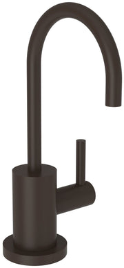 Oil rubbed bronze single-lever water dispenser with curved spout and cylindrical base.