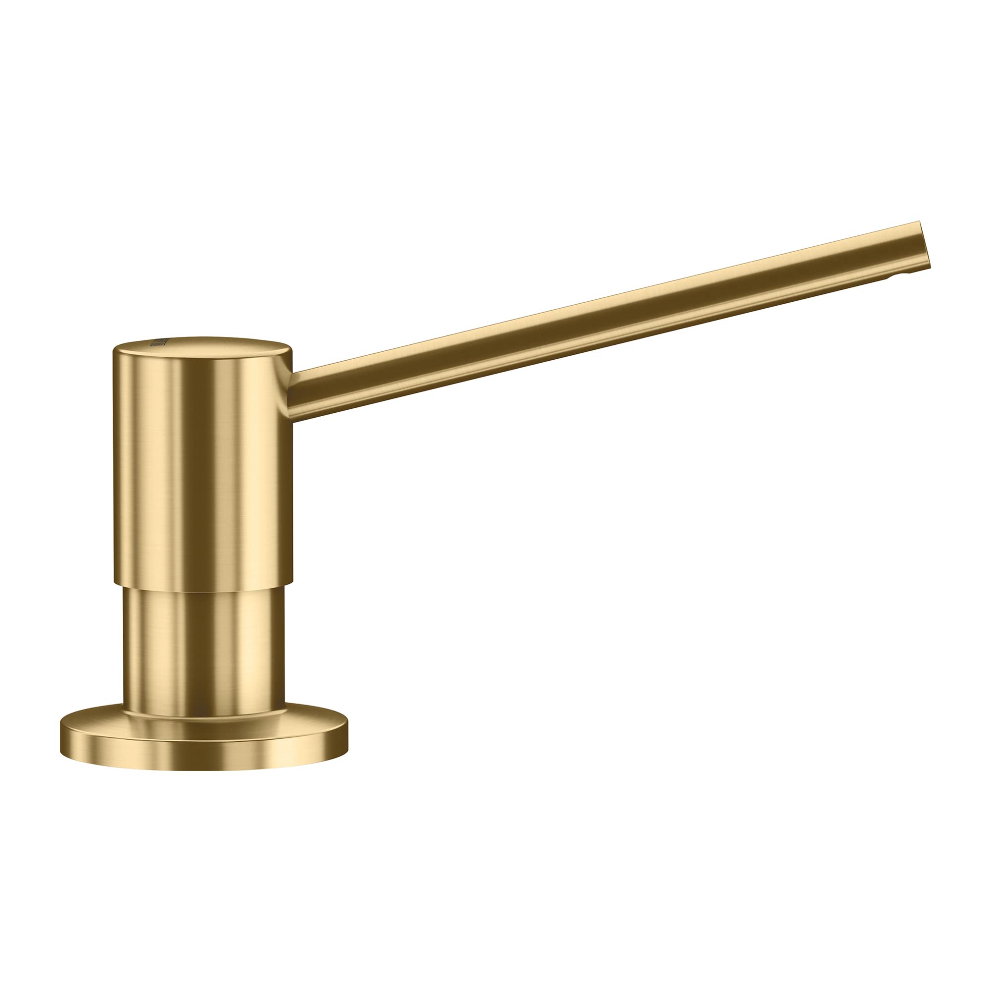 Satin gold soap dispenser with cylindrical pump body and angled spout mounted on round base.