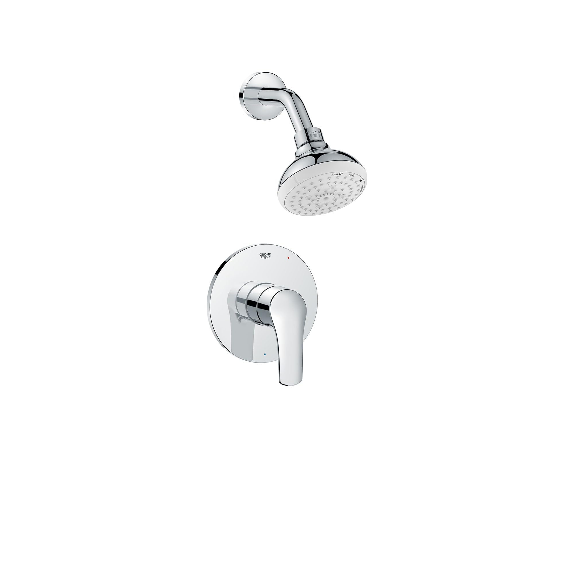 Chrome shower valve combo with round showerhead and angled arm, featuring single lever handle on circular trim plate.