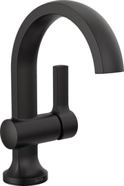 Matte black single-handle bathroom faucet with curved spout and cylindrical base.