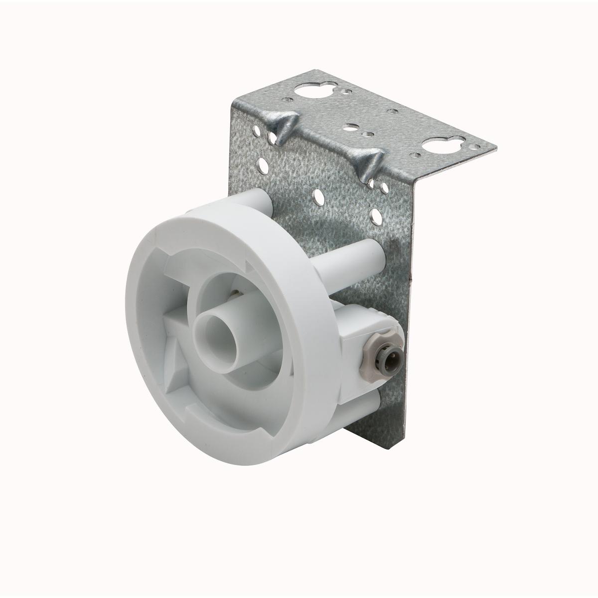 White filter cartridge with internal components attached to galvanized metal mounting bracket with holes.