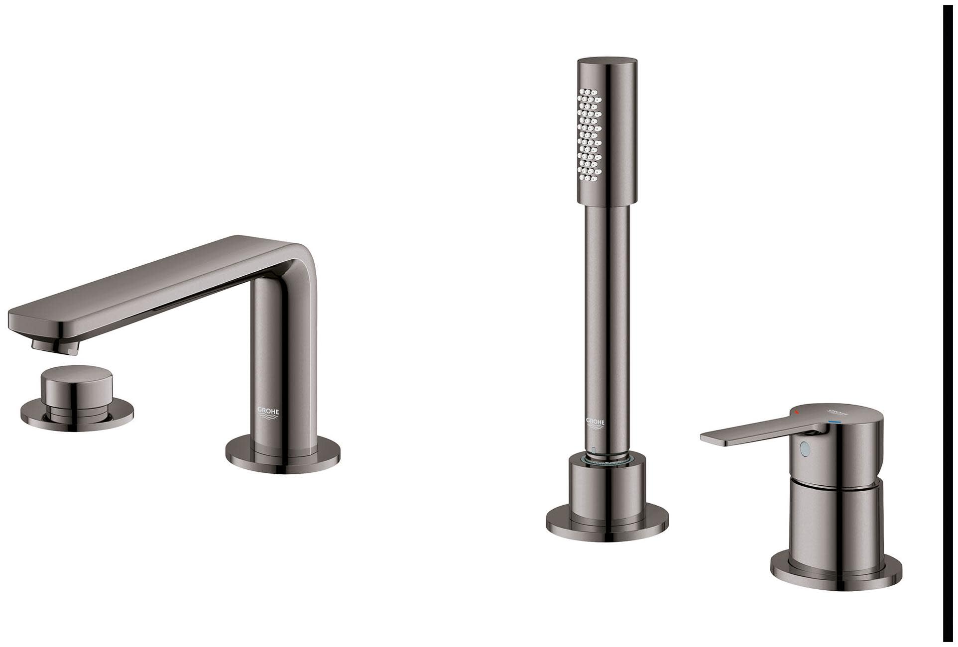 Brushed nickel deck mount roman tub faucet with single handle, spout, vertical hand shower, and control valve in brushed nick
