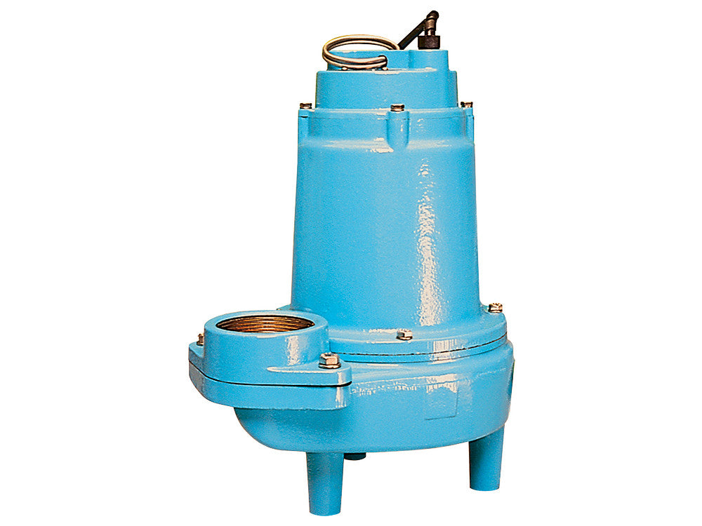Blue submersible sewage pump with cylindrical motor housing, side discharge outlet, and black handle on top.