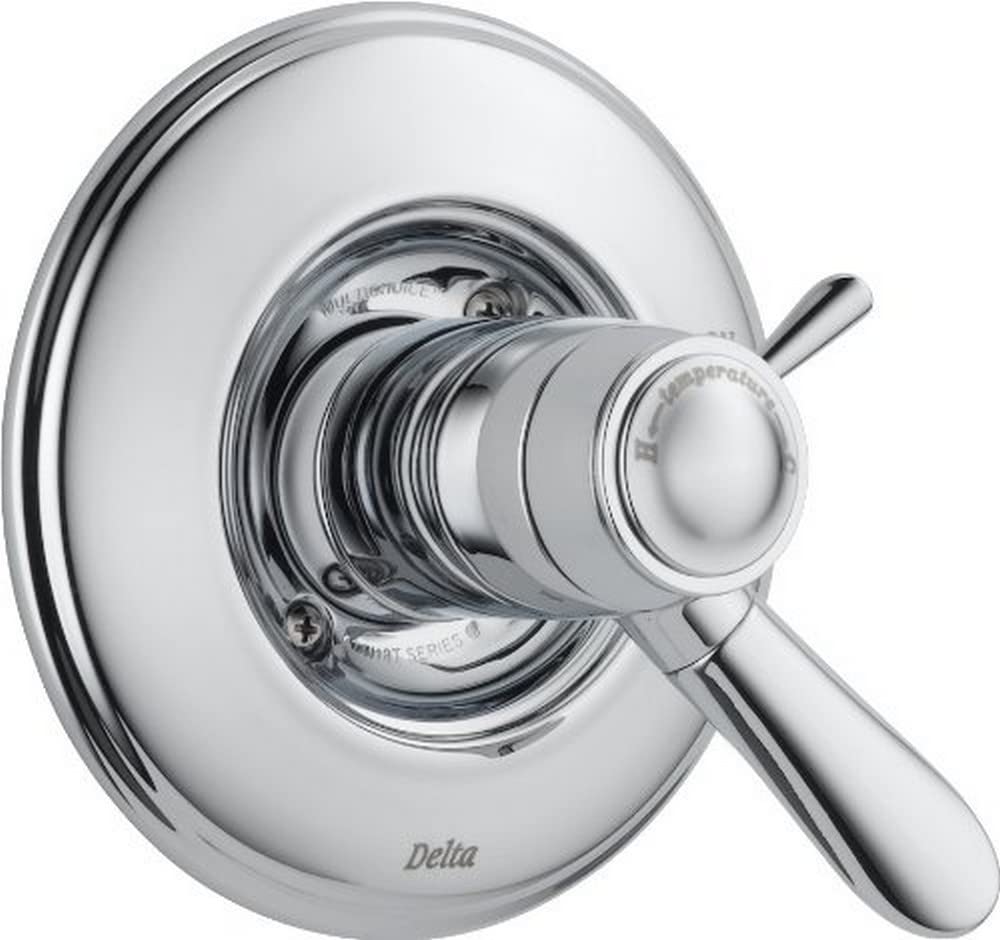 Chrome Delta Lahara shower valve trim with round escutcheon plate and lever handle.