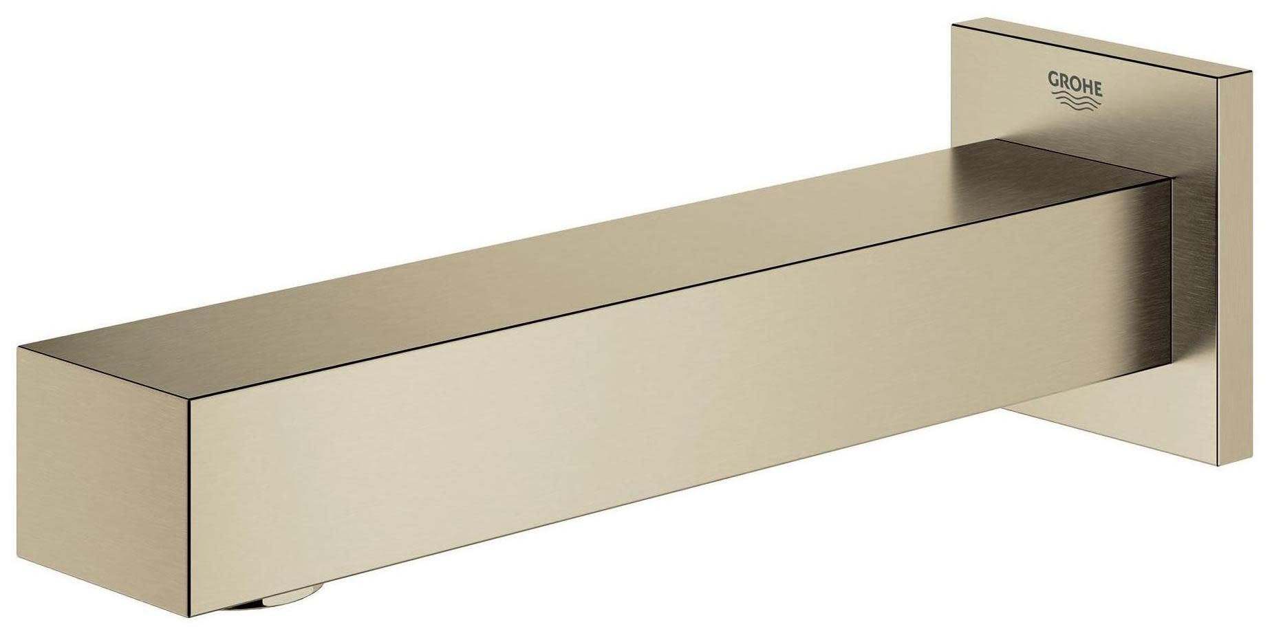 Grohe Eurocube tub spout with rectangular matte black finish and wall-mounted bracket.