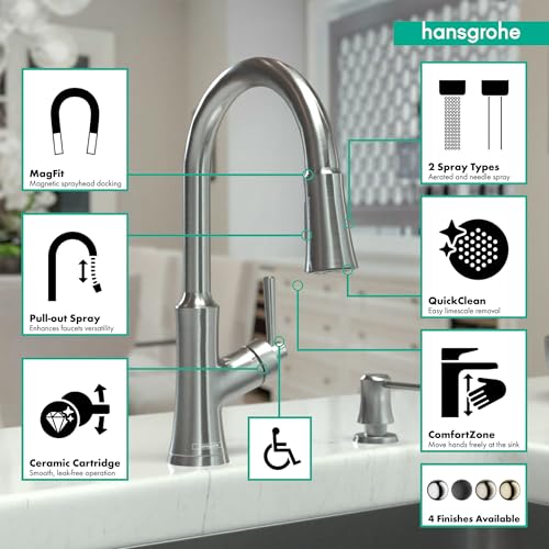 Steel optic high arc kitchen faucet with pull-down spray head and magnetic docking feature.