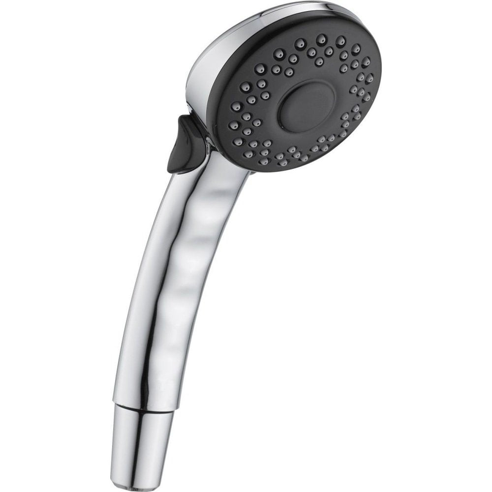 Chrome hand shower with black circular face featuring multiple spray jets and a grip handle.