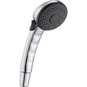 Chrome hand shower with black circular face featuring multiple spray jets and a grip handle.