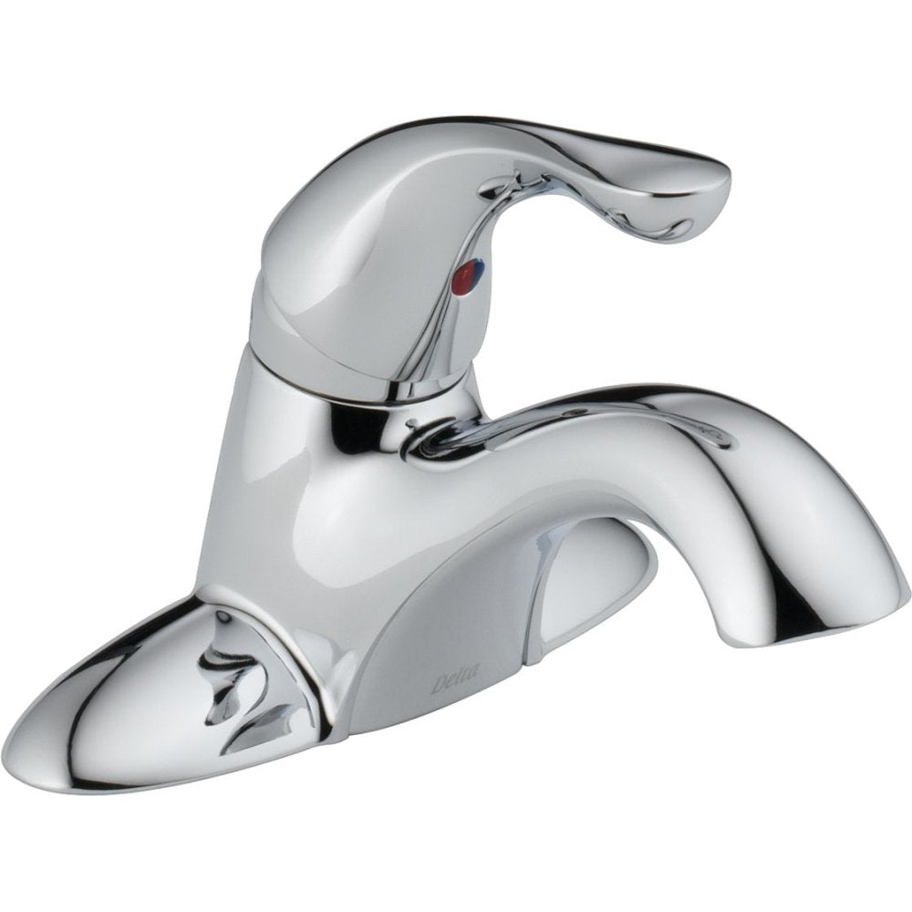 Chrome single-handle bathroom faucet with curved spout and lever control on white background.