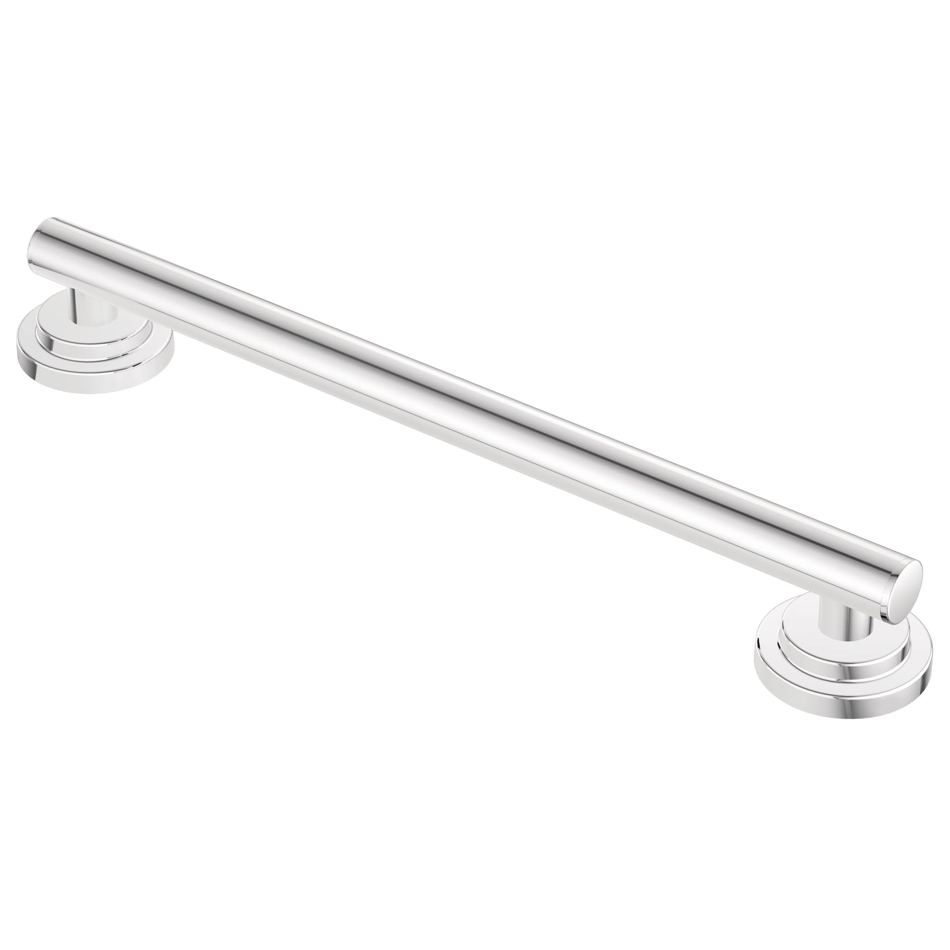 Polished chrome wall-mount grab bar with round mounting flanges at each end.