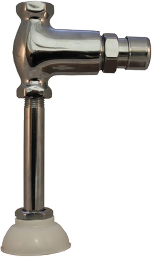 Chrome push button urinal valve with vertical pipe and white base flange.