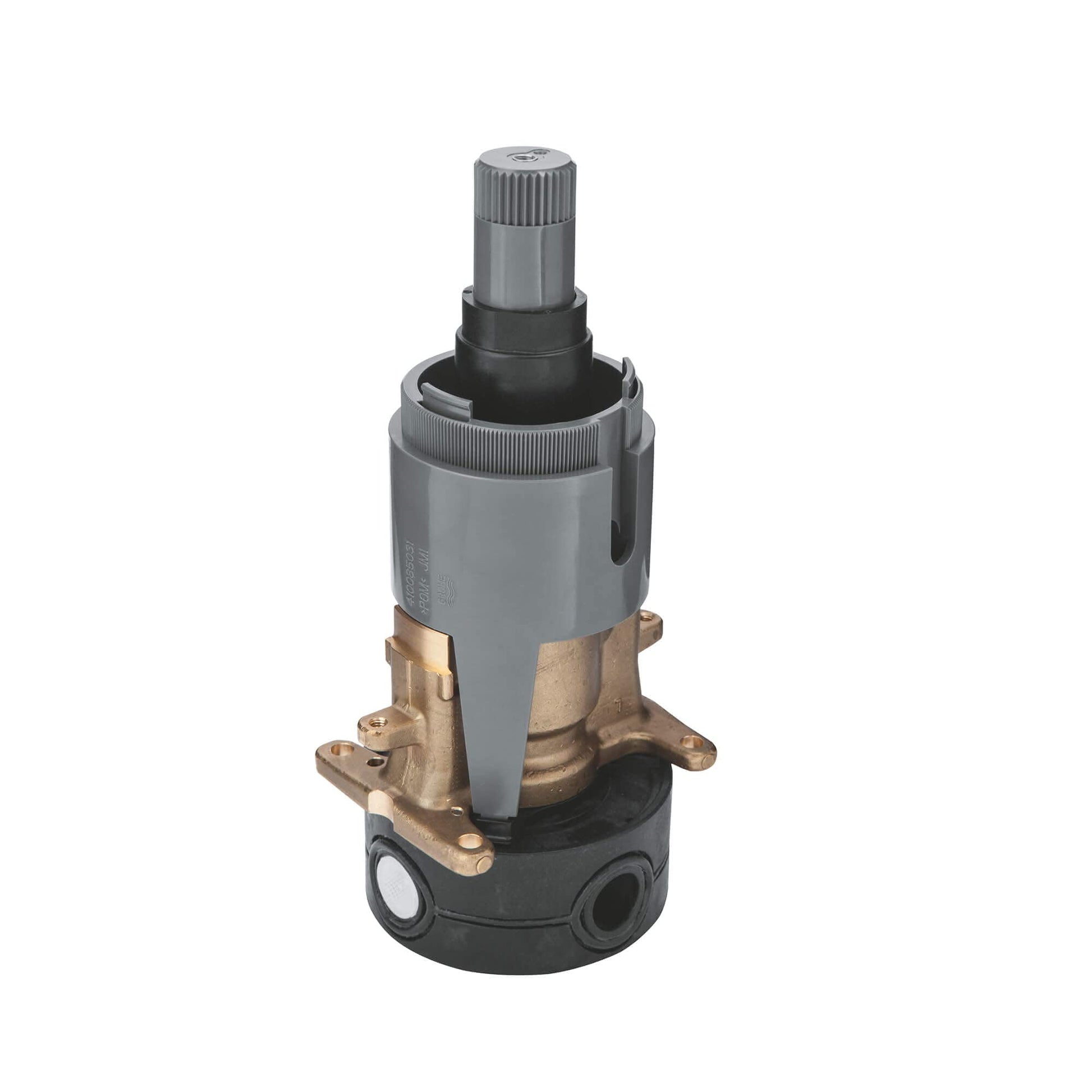 Grohe thermostatic control unit with chrome finish, brass internal components, and textured adjustment knob on top.