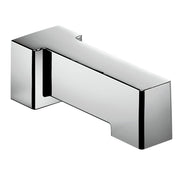 Chrome spout with 90-degree angled design and wall mount connection point.